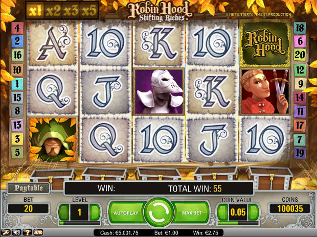 Game screen of Robin Hood Shifting riches Video slots by Netentertainment.
