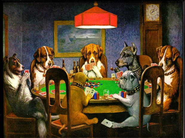 Dogs playing poker.