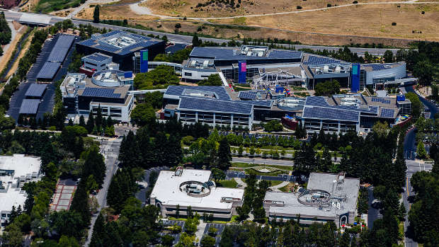 Aerial view of Googles 'Googleplex' core buildings.