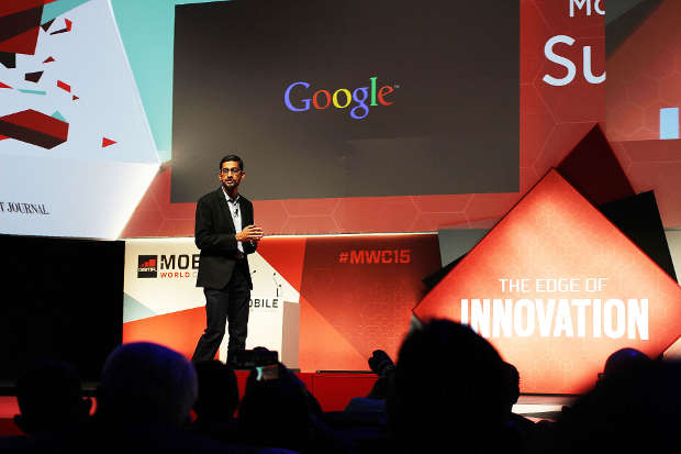 Sundar Pichai, CEO of Google, speaking at the 2015 Mobile World Congress in Barcelona, Spain