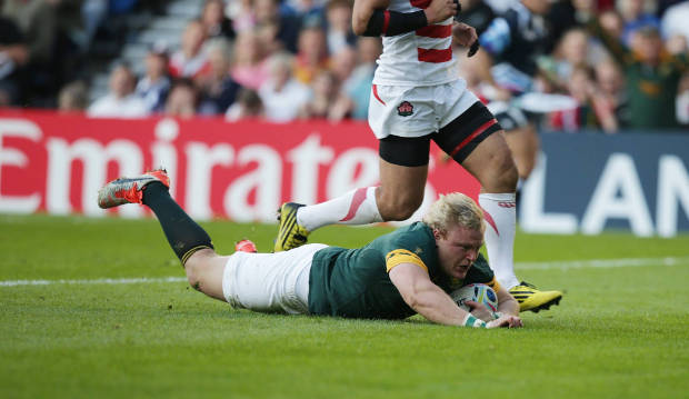 Adriaan Strauss, South African Hooker scoring a try again Japan in the 2015 Rugby World Cup.