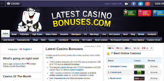 Latestcasinobonuses.com, online casino portal homepage.