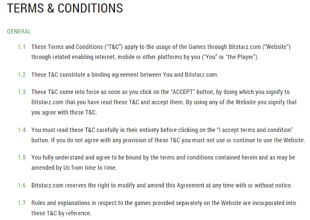 Part of Bitstarz casino's terms and conditions.